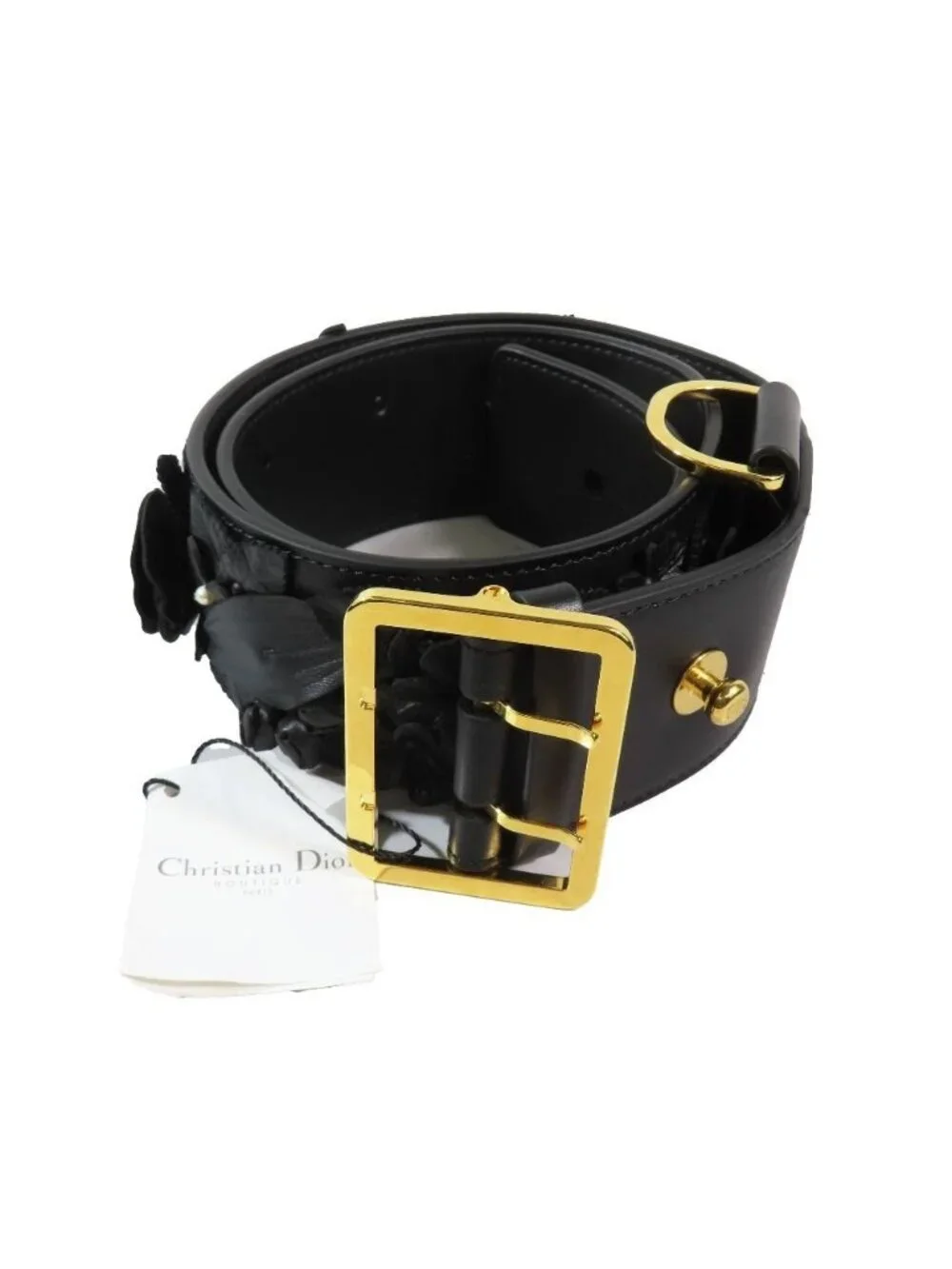 Dior Flower Motif Floral Pattern Decoration Leather Belt Black Gold